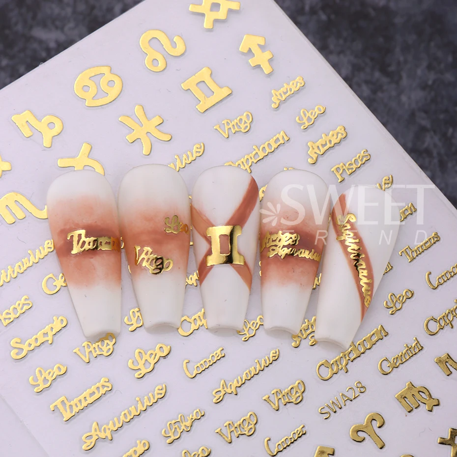 3pcs/set Zodiac Alphabet Symbol Nail Art Stickers Gold Constellation Words Twelve Constellation Nail Decals Manicure Decoration