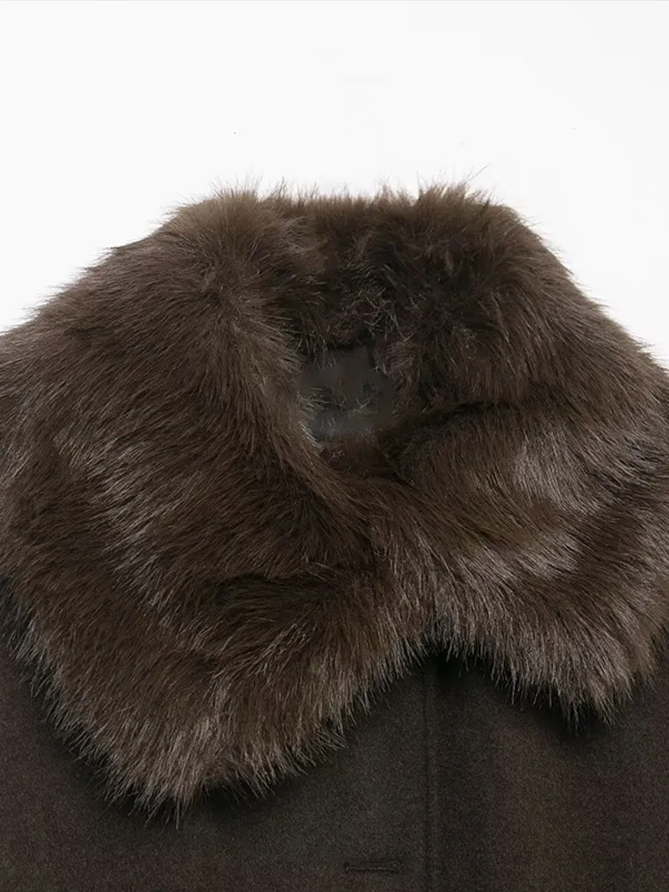 Frauen Winter Mäntel Faux Pelz Kragen Woolen Mantel Herbst 2025, Weibliche Lange Hülse Spitze Up Dünne Jacke Mode Damen Oberbekleidung – Detail 5