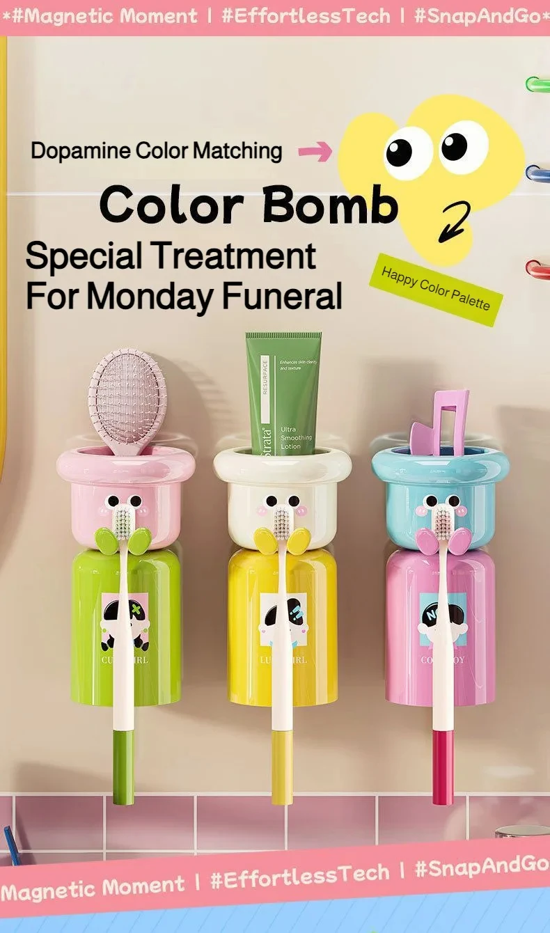 Cartoon Magnetic Toothbrush Holder Wall Mounted Bathroom Cup Organizer_voghion.com