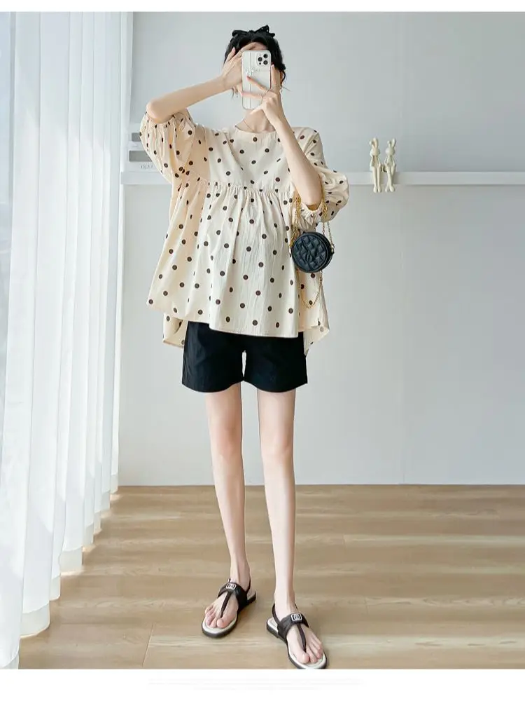 

Korean Style Summer O-Neck Half Sleeve Maternity Polk Dot Shirts Plus Size Pregnant Woman Cotton Linen Blouses Pregnancy Clothes