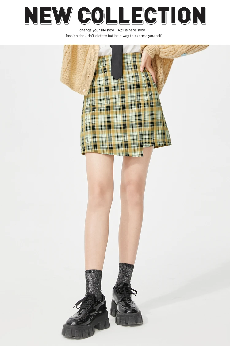 A21 Summer 2022 High Waist Yellow Plaid JK Skirt for Women Asymmetrical Slim A-line Ladies Chic Mini Skirt Clothes skirt and top