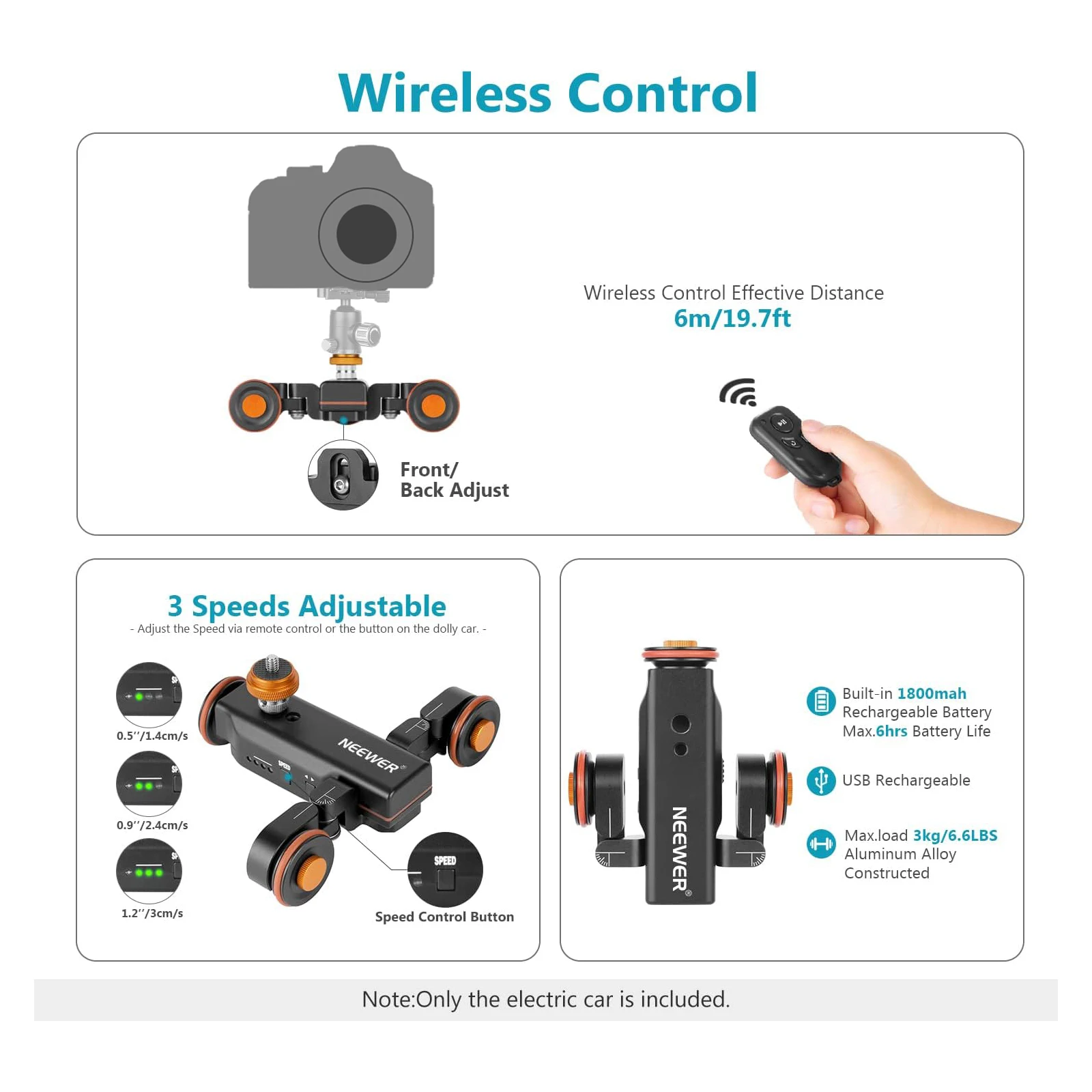 3-Wheels Wireless Video Camera Dolly 3-Speed Motorized Electric Track Rail Slide