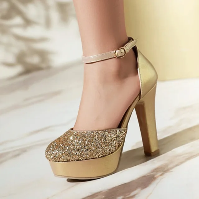 Sequins Glitter Closed Toe Bling Bling Sparkle Women Summer Block High Heels for Evening Dress Platform Sexy Gold Silver Sandals 2