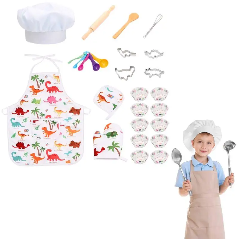 

Children's Cooking Chef Set Kids Baking Set With Dinosaur Apron And Chef Hat Complete Cooking Supplies For The Junior Chef Kids