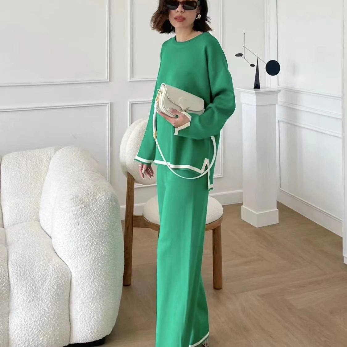 

Woman Casual Green Knit Suit 2024 Spring Female Soft Loose O Neck Sweater Suits