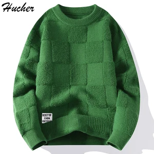 Мужской вязаный свитер Huncher, мужской зимний толстый пушистый Повседневный винтажный джемпер оверсайз 2023, мужские корейские модные свитера с круглым вырезом