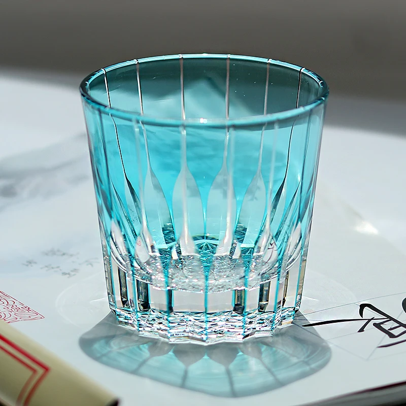 New Sky Blue Handmade Edo Kiriko Whiskey Old Fashioned Glass Tumbler 320 ml With Gift Box