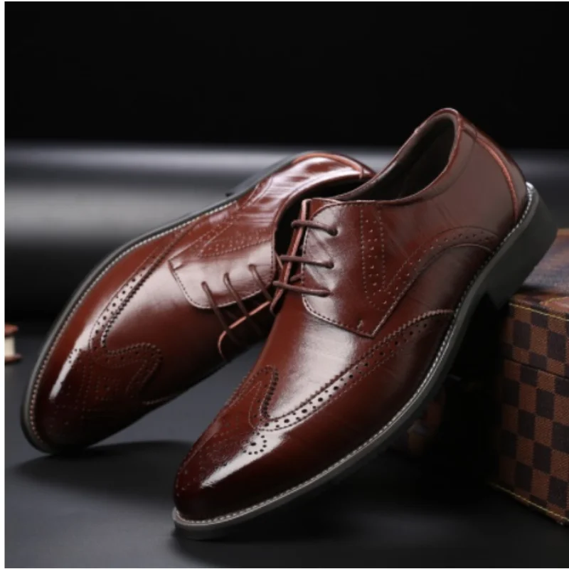 New Men Oxford Genuine Leather Dress Shoes Brogue Lace Up Flats Male Casual Shoes Black Brown Size 38-48