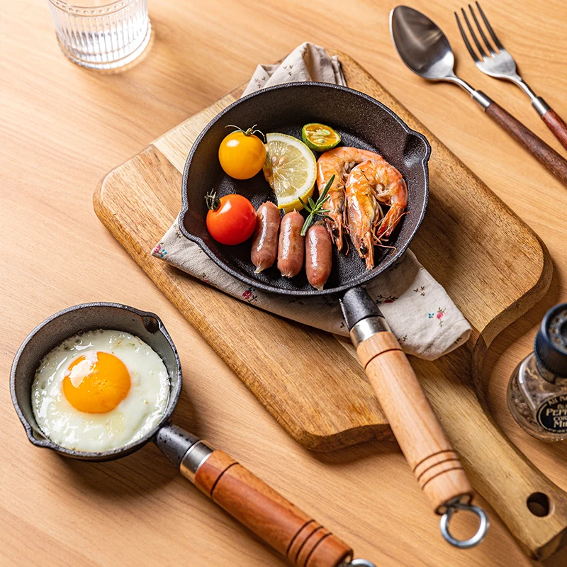 Mini Cast Iron Frying Pan With Wooden Handle Nonstick Omelette Egg Pan For Steak Chicken Kitchen Breakfast Pot Pancake Cooking