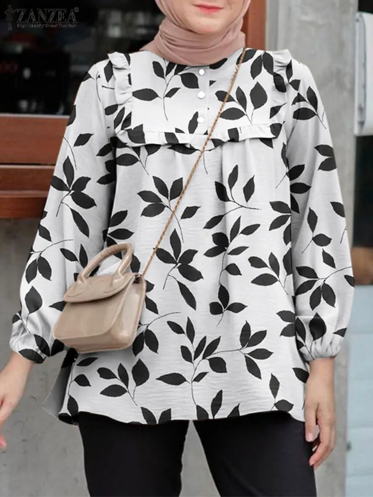 

Autumn Ruffles Hem Shirt 2023 ZANZEA Bohemian Floral Printed Abaya Hijab Tops Fashion Women O Neck Long Sleeve Muslim Blouse