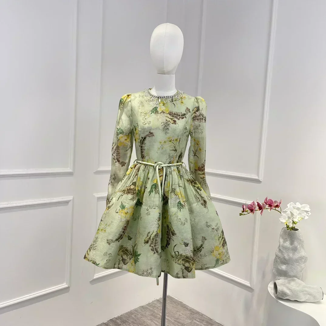 

Женское ТРАПЕЦИЕВИДНОЕ мини-платье, винтажное платье из льна и шелка, со шнуровкой и длинным рукавом, с зеленым цветочным принтом со стразами, новинка 2023