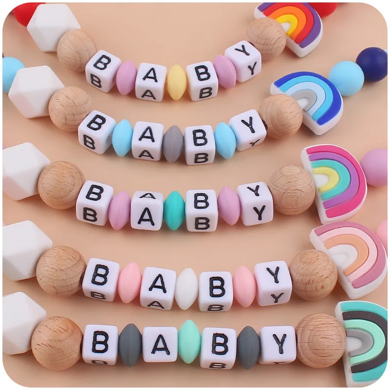 Baby Pacifier Chain Beech Wood Creative Cartoon Silicone Rainbow Chain Teething Teethers Anti-falling