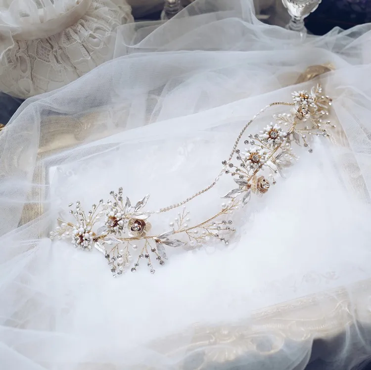 Handmade Light Gold Color Flower Wedding Tiara Headband Leaf Pearls Bridal Crown Hair Accessories For Women Prom