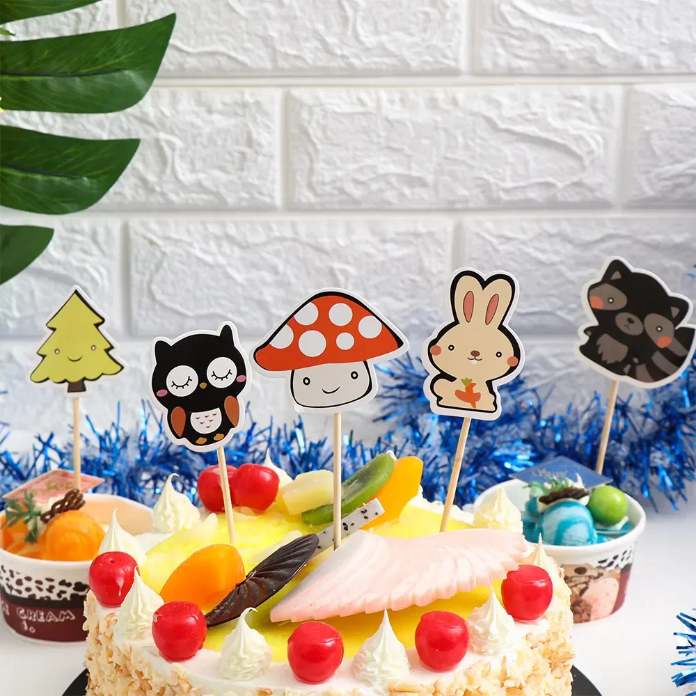 1Pack Cute Cake Toppers Paper Woodland Forest Animals Theme Cupcake Toppers Kids Birthday Wedding Cake Decor Party Supplies