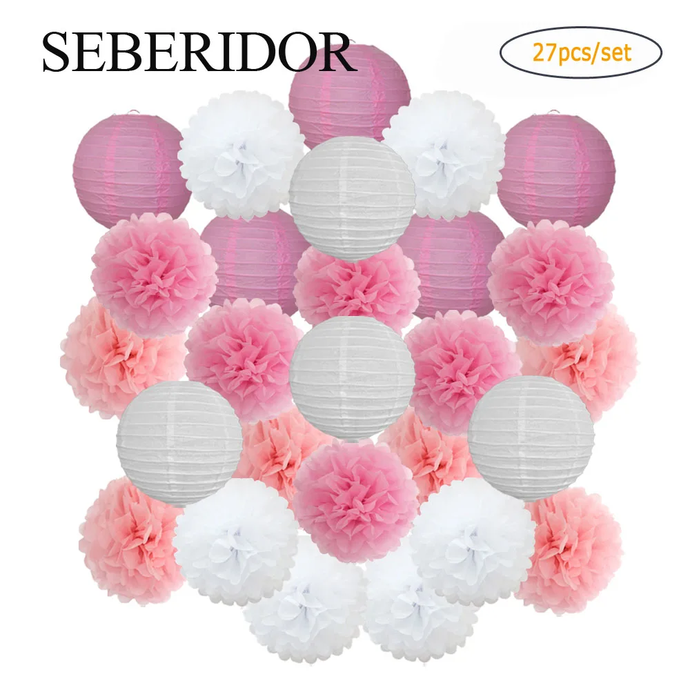 Pink Blue White Hanging Paper Lantern Pompom Set 6" 8" 10" 12" For Baby