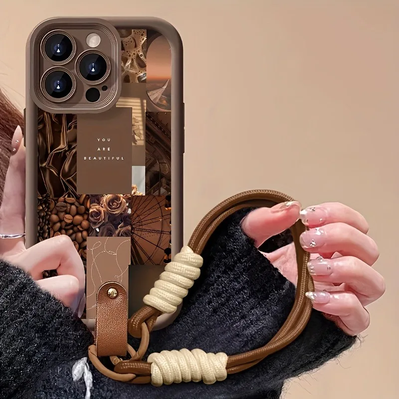 Brown Coffee Flowers Print Lanyard Strap Rope Phone Case - Soft Cover