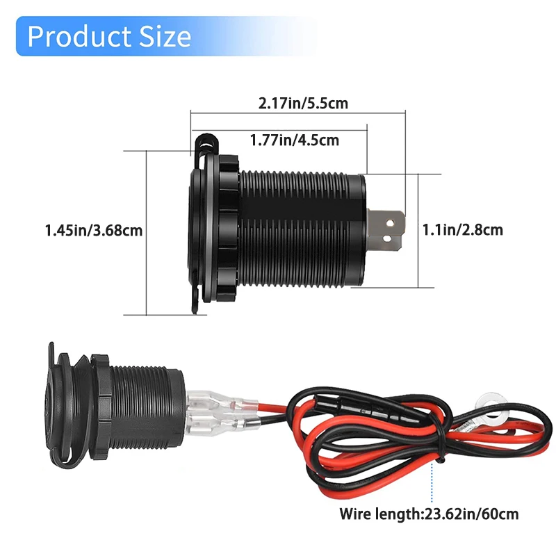 12V-24V Cigarette Lighter Socket Waterproof Plug Power Outlet Adapter for Car Marine Motorcycle ATV RV 3