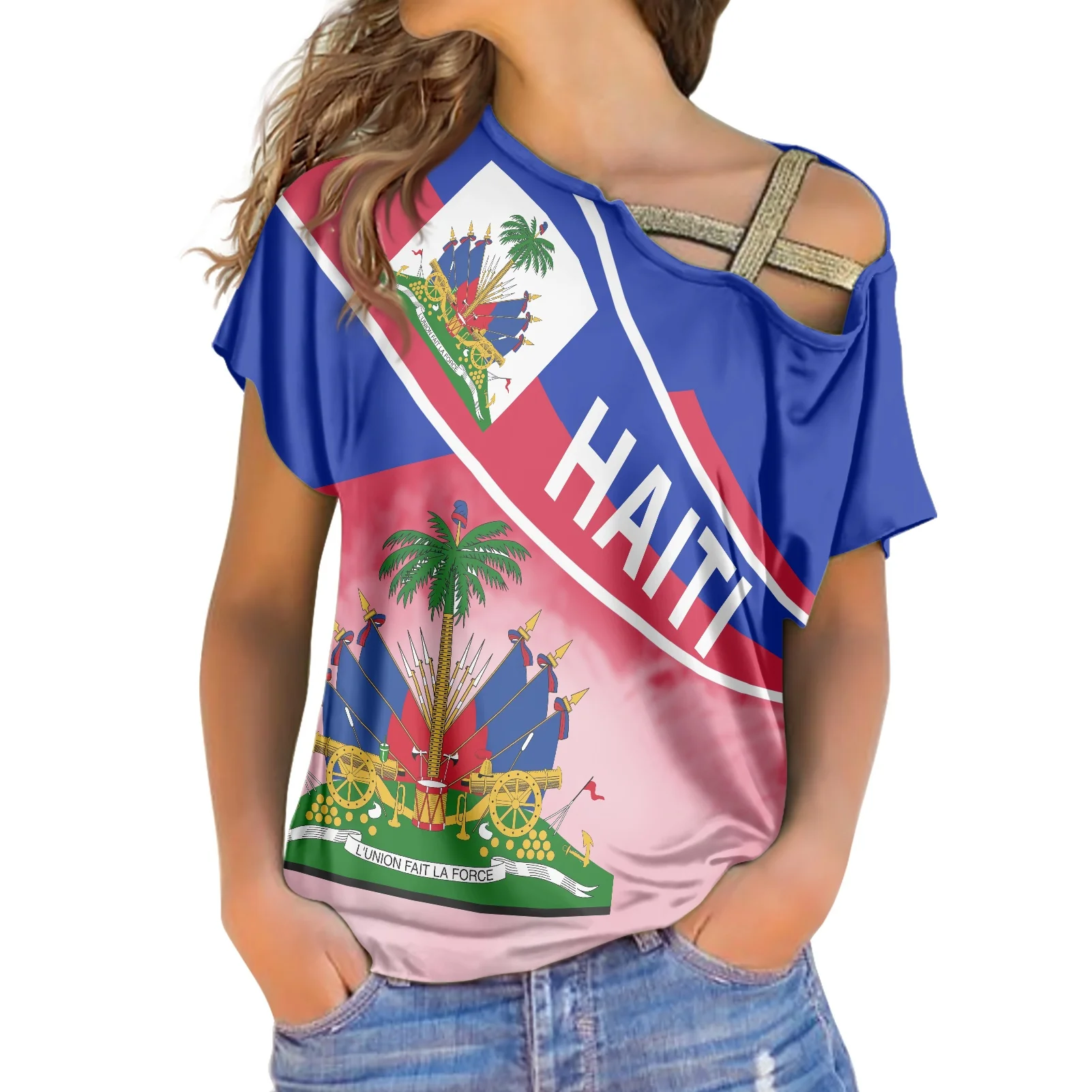 

The New Women's Loose Breathable T-Shirt North America Haitian Pattern Sexy Ladies Top With Slant Shoulder Short Sleeve T-Shirt