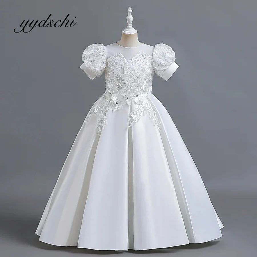 

A-Line Flower Girl Dresses Applique Princess Shiny Pleat Satin For Kids Birthday Party First Communion Short Sleeve Dress Chapel