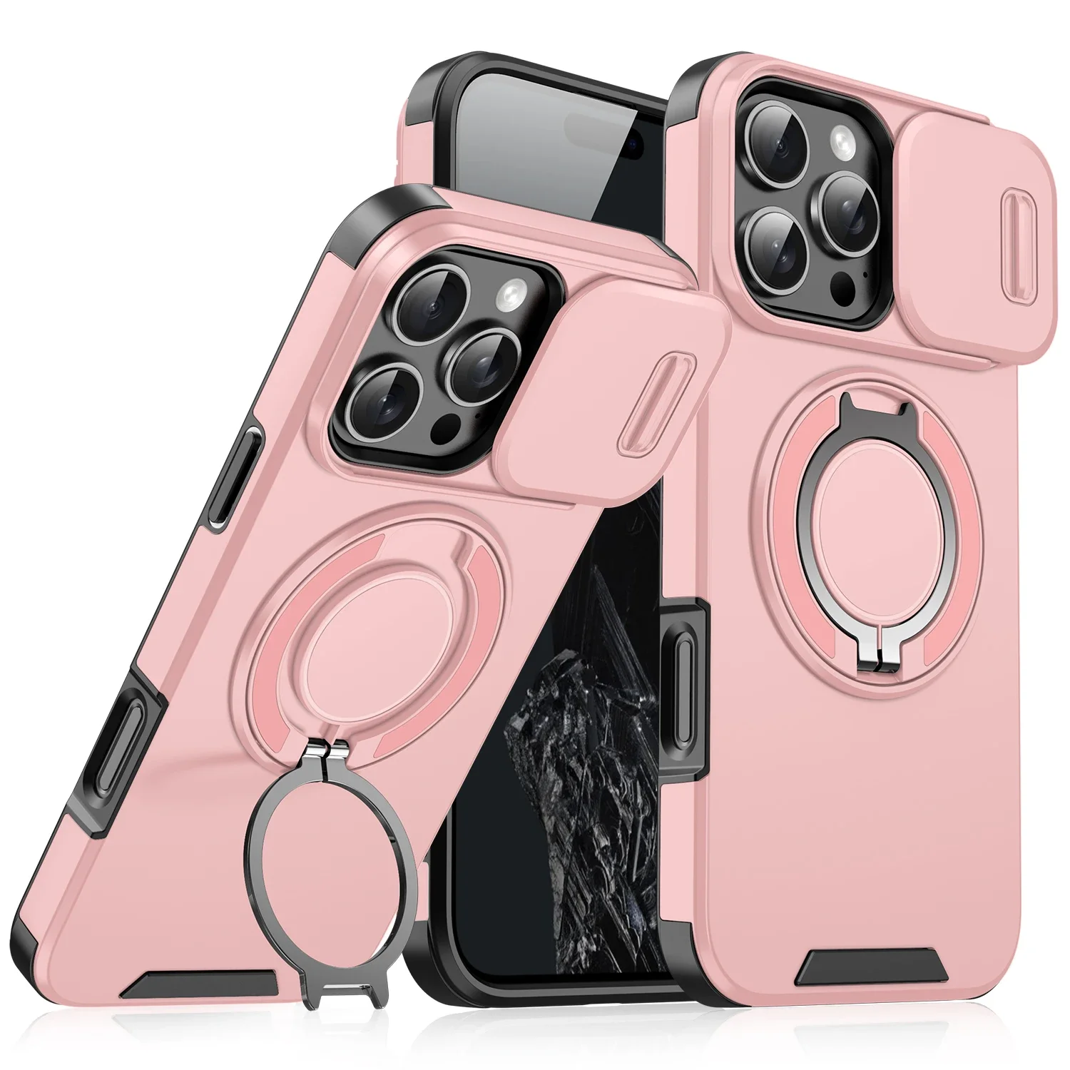 Csúsztatható kameralencse-védő tok iPhone 16 15 14 Plus 13 12 11 Pro Max 360 fokban forgatható mágneses gyűrűtartó borítóval Coque_voghion.com