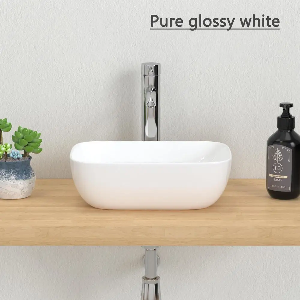 Small Bathroom Vessel Sink White Porcelain Ceramic Lavatory Wash Basin 14.5''x10'' Modern Impact-Resistant Design 365x250x115mm 6