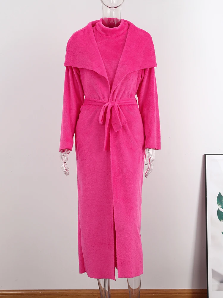 여성용 코랄 플리스 긴 가디건 드레스 2 피스 세트, 가을 전체 소매 라펠 코트 세트, 여성용 우아한 의상, 클리어런스 세일 벨트