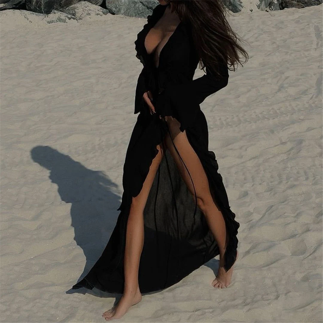 New Sexy V Neck Ruffled Long Sleeve Chiffon Tunic Beach Cover Up Cover-ups Beach Dress Wear Beachwear Female Women K5976