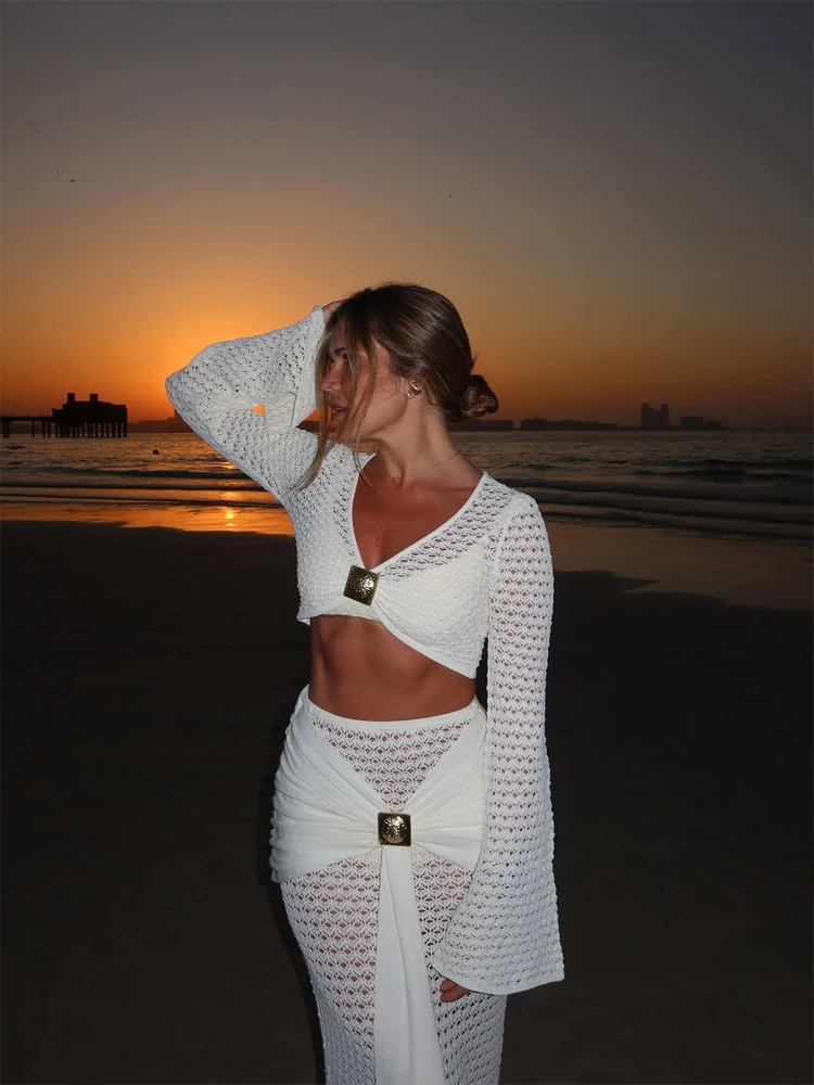Lady Crochet Bandage Slim Maxi Skirt Set Women Sexy Long Bell Sleeve Gold Buckle V-neck Crop Top Sets Vacation Beach Outfit 2026