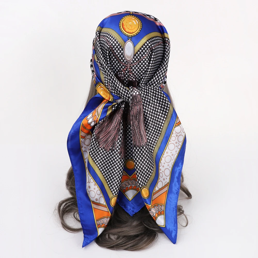 

Unisex Man Women Square Scarf Vintage Houndstooth Tassel Shawl Stole Hijab Faux Silk Bandana Wraps 90*90cm