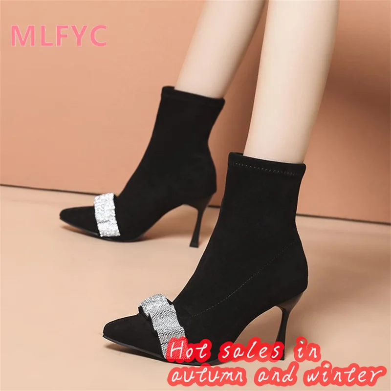 2023 New Rhinestone Pointed High Heel Short Boots Women's Autumn and Winter Single Boots Slim Boots French Women's Boots