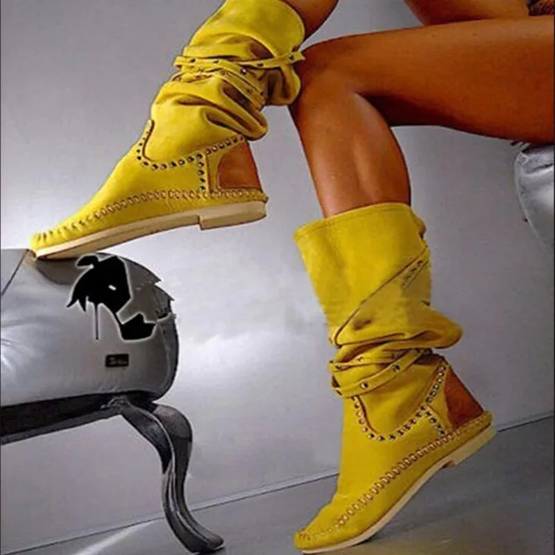 

Fashion Yellow Suede Knee High Boots Rivet Studded Flat Boots Round Toe Stretch Tall Boots High Quality Winter Shoes Drop Ship