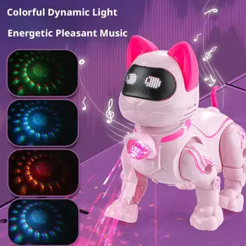 Gatto Robot Elettrico per Bambini con Guinzaglio, Giocattolo Interattivo che Cammina e Canta con Luci e Musica, Gattino di Peluche per Regalo Bambini 1pz