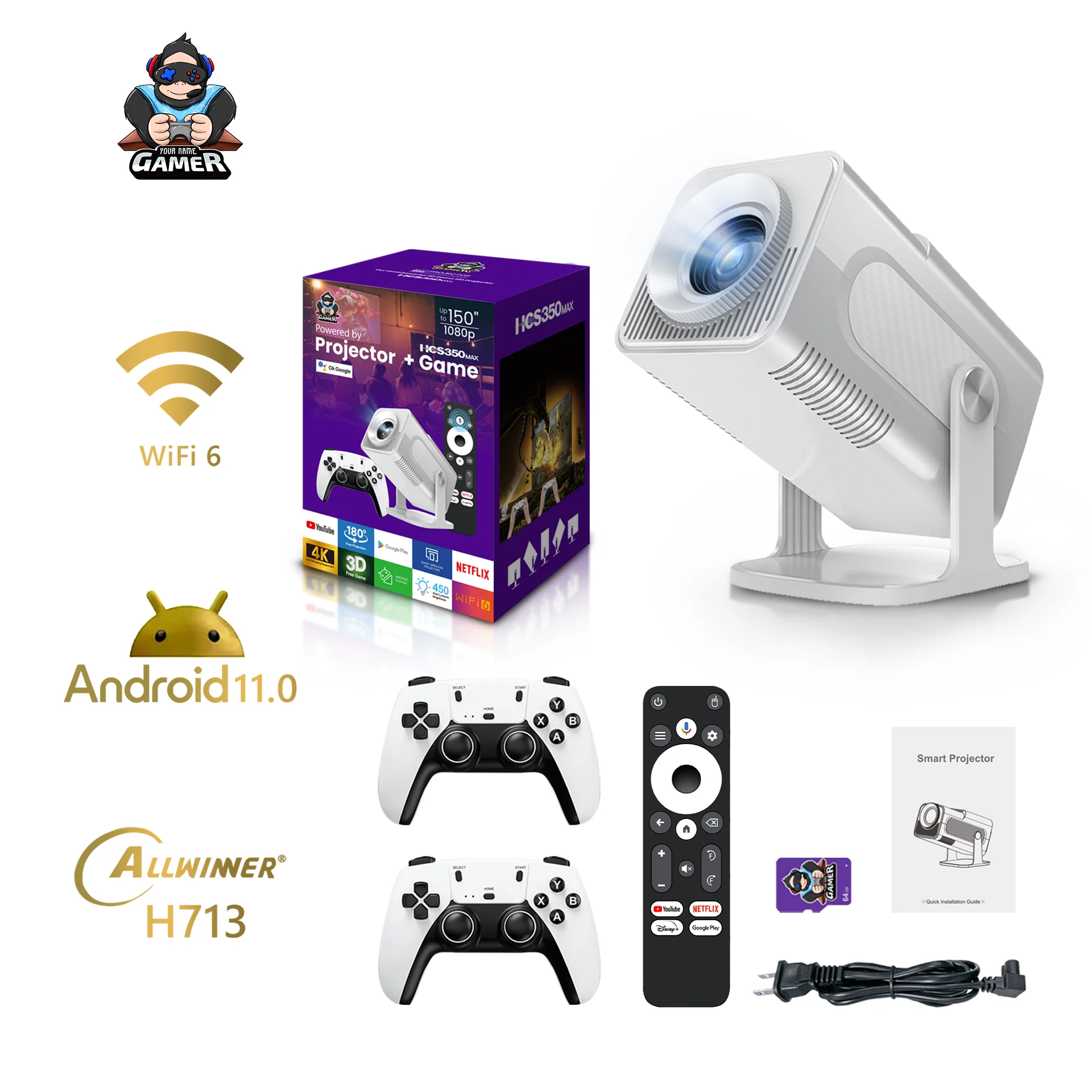 NEW  HCS350 MAX Portable HD Video Retro Game Consoles 10000 Android 11 LCD Proyector Video Wifi Wireless Gamepad 3D Home Theater