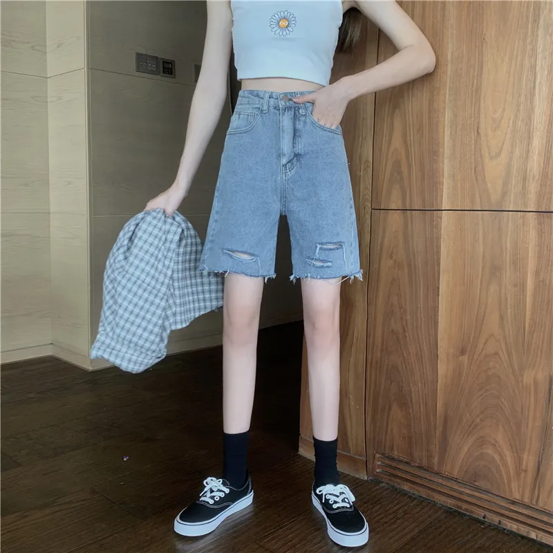 Women Summer Hole Denim Shorts Y2K High Waist Loose Blue Jeans Shorts 2022 Casual Washed Wide Leg Short Pants Female Ropa Mujer trendy plus size clothing