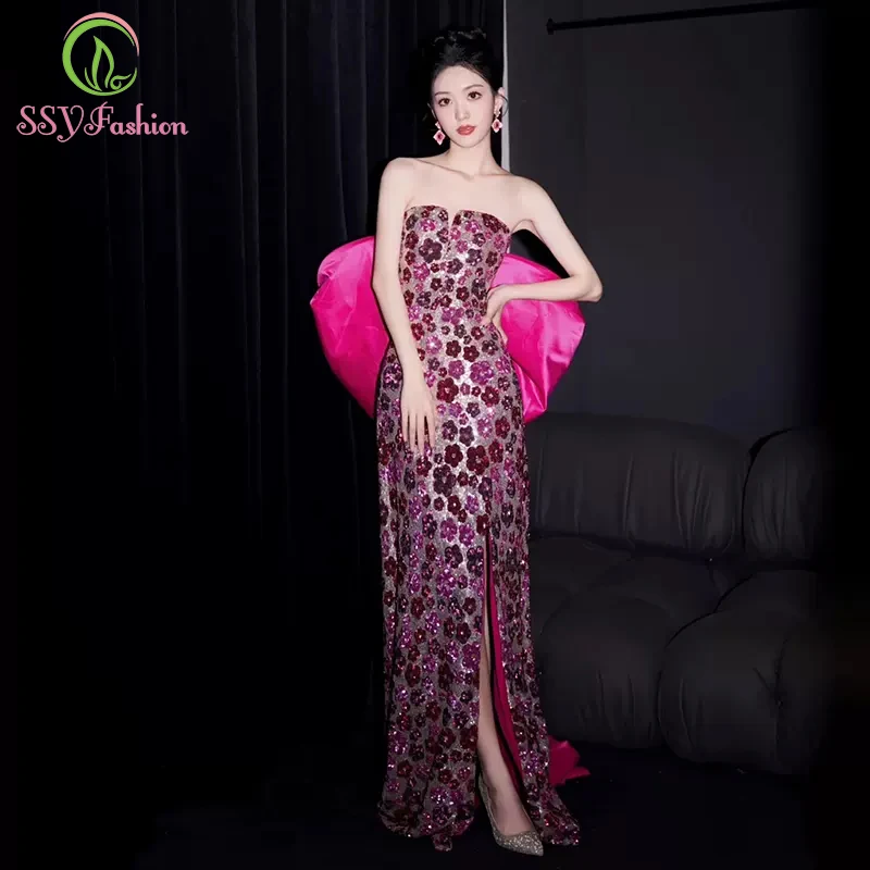 

Женское вечернее платье-Русалка SSYFashion, роскошное розово-красное блестящее платье с блестками, без бретелек, для выпускного вечера