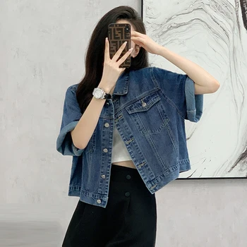 Hot Sale Ins Summer Denim Jackets For Women 2024 Streetwear Half Sleeve Loose Short Jeans Coats Tops Ladies