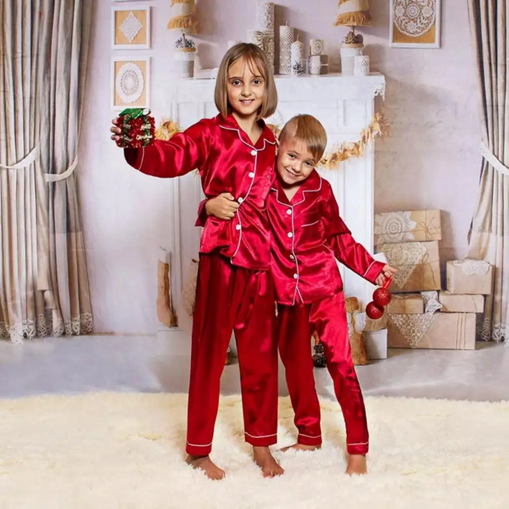 2pcs Infant Baby Boy Girl Pajamas Silk Satin Top Pant Long sleeve Solid Button-Down Pyjamas Satin Set Nightgown Child Sleepwear