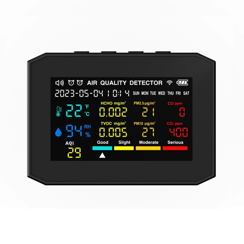 

Air Quality Monitor Indoor, Air Quality Detector With Time Date Display And Alarm Clock, CO2 Monitor Black