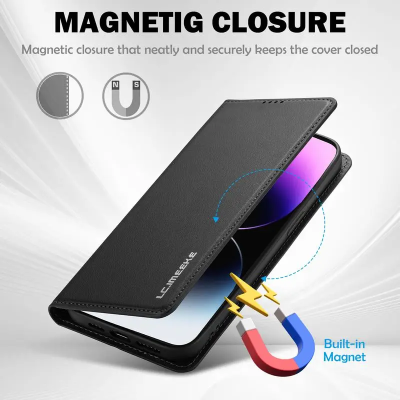 Leather Wallet Phone Case with Magnetic Flip Cover and Card Holder Stand