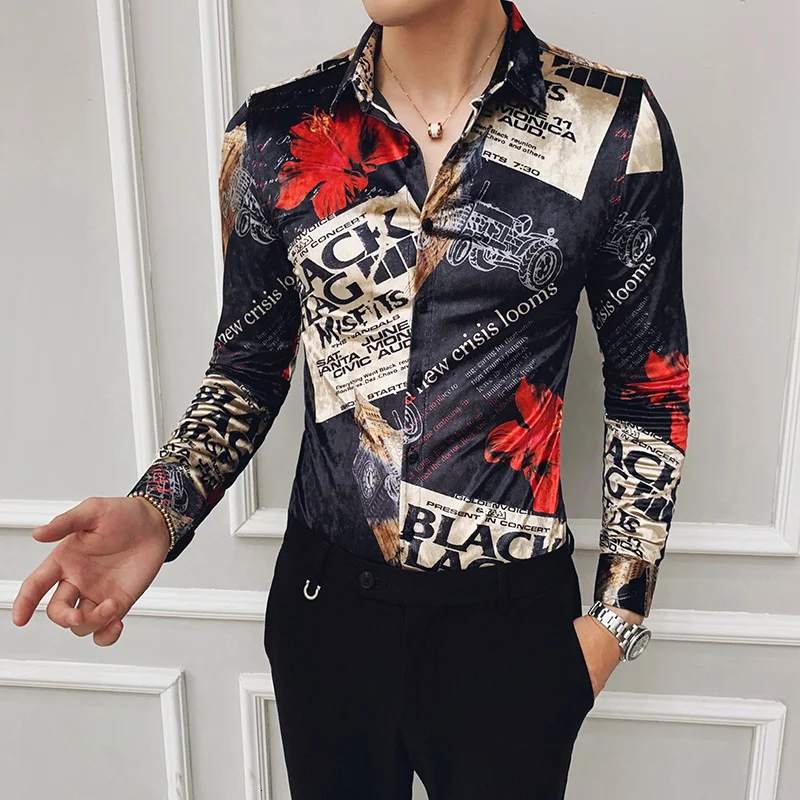 

Velour Mens Long Sleeve Shirts Fashion Winter Party Social Shirt Men Luxury Print Casual Slim Fit Dress Camisas Hombre