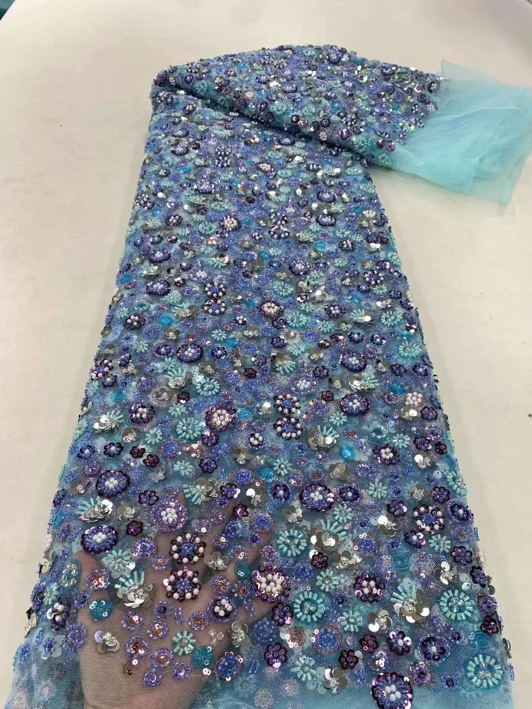 

African Bule Handmade Bead Lace Fabric For Wedding 2023 High Quality Nigerian French Mesh Tulle Lace Fabrics Luxury Sequins