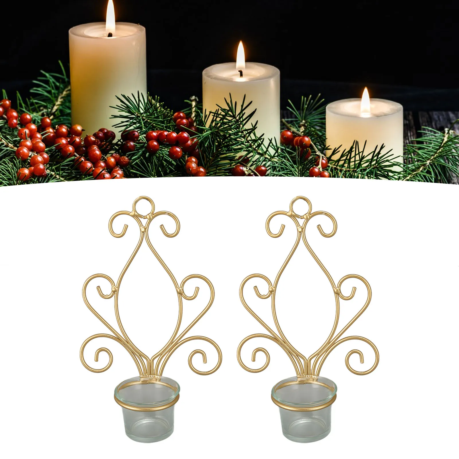 

2Pcs Wall Hanging Candlesticks Gold Color Durable Metal Candle Holder For Home Party Wedding Decoration