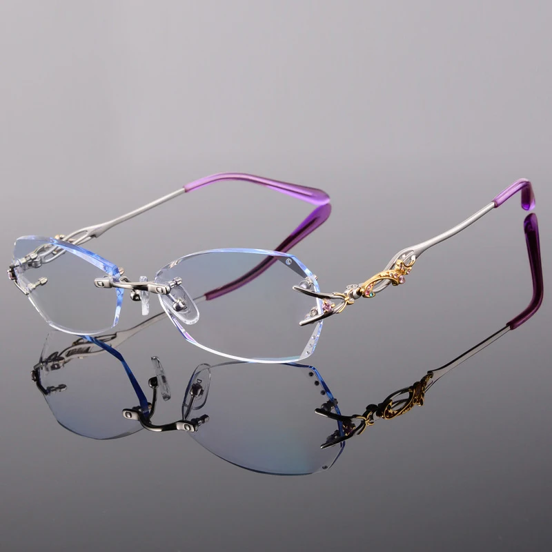 Rimless Women Reading Eyeglasses prescription glasses Titanium Diamond Decoration Clear Lenses Custom CYL Reader Female Presbyopia Glasses