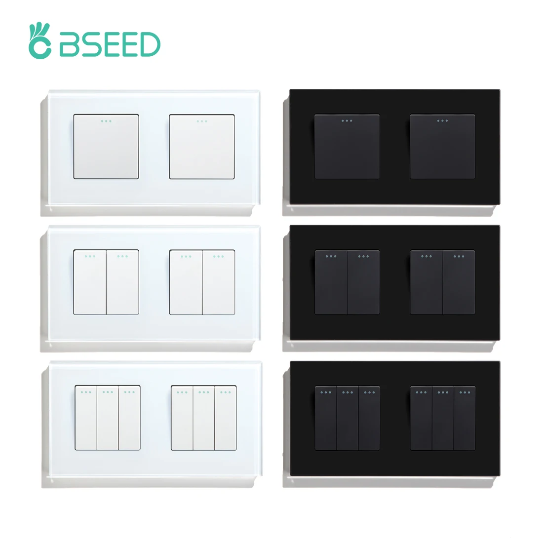 Bseed EU 표준 기계식 버튼 스위치, 더블 라이트 전원 스위치, 화이트 블랙 크리스탈 유리 패널, 1, 2, 3 갱, 157mm