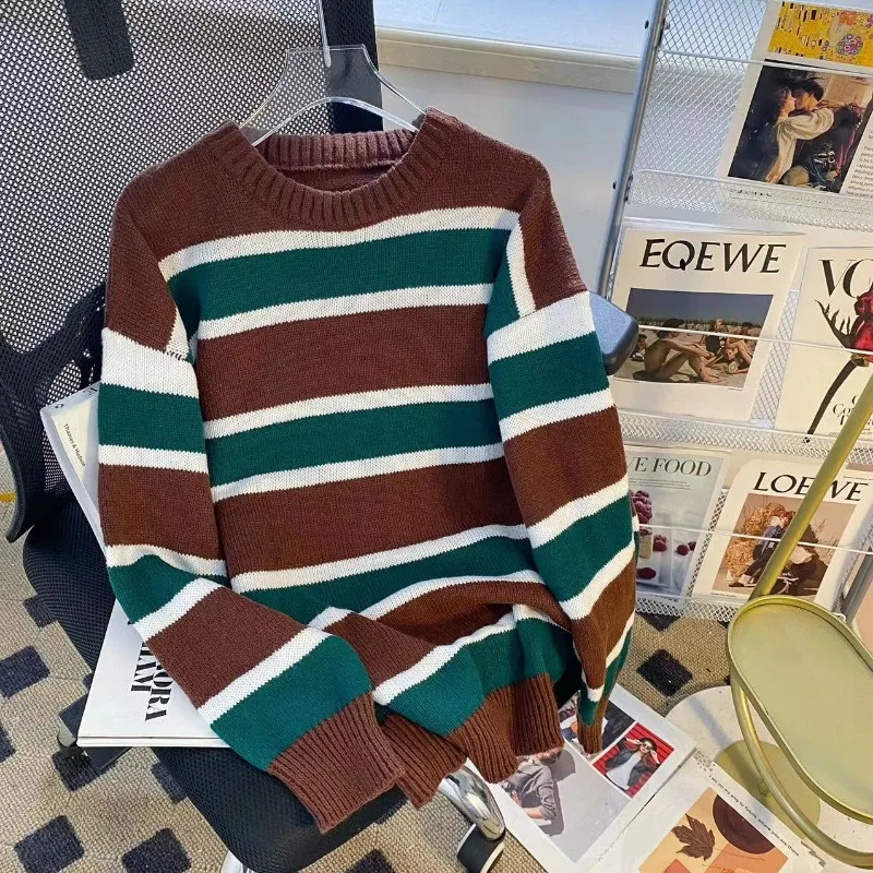 

Vintage Loose Women's Sweater Striped Korean Jumpers Autumn/Winter Clothing Long Sleeve O-Neck Knitwear Women Pullovers