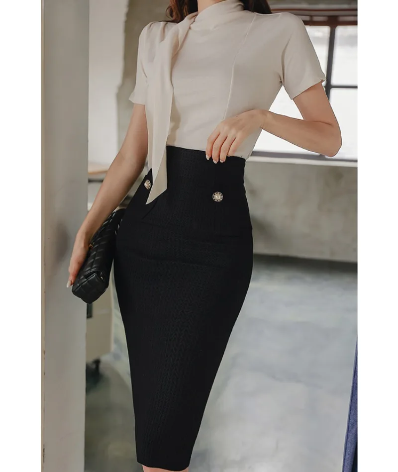 

Office Lady Sheath Tops + Black Skirts Women Korean Fashion Summer Elegant Two Piece Sets Business Streetwear Skirts Sets