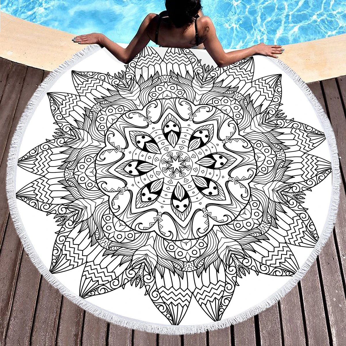 Mandala Round Beach Towel,Black and White Pattern Oversized Anti-Sand Quick-Drying Beach Blanket Bath Towel Yoga Mat Picnic Mat 4