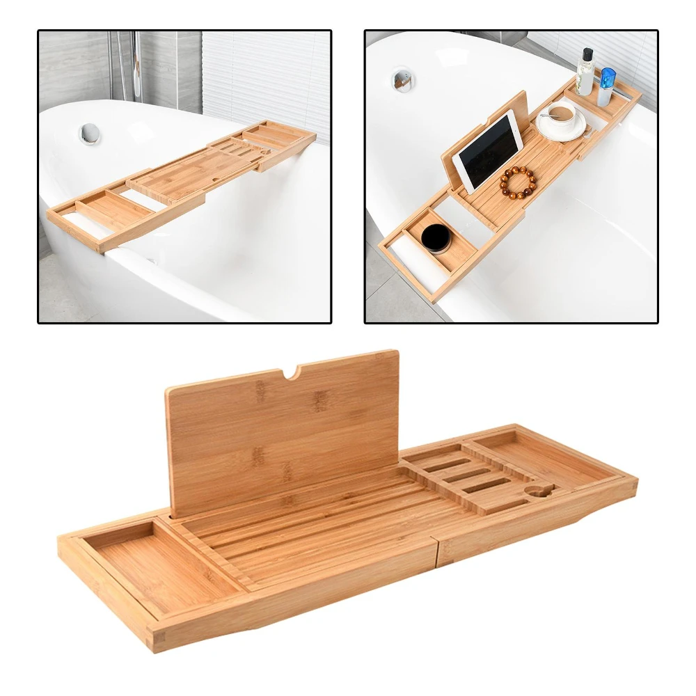 Expandable Luxury Wooden Bathtub Caddy Tray Accessories 23.62''-34.25'' Soap Dish Non Slip Tablet Holder wooden tray