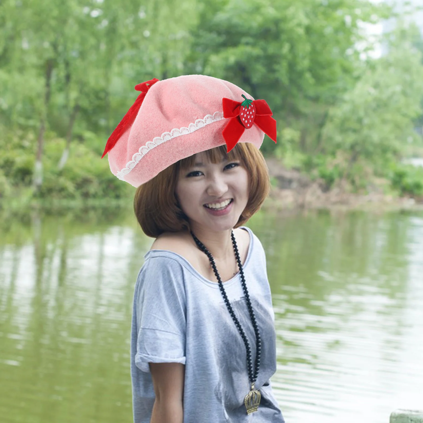 베레모 딸기 활 모직 프렌치 베레모 모자, 수제 패션, 따뜻한 모자 선물, 할로윈 크리스마스, 크리스마스, 56-58cm