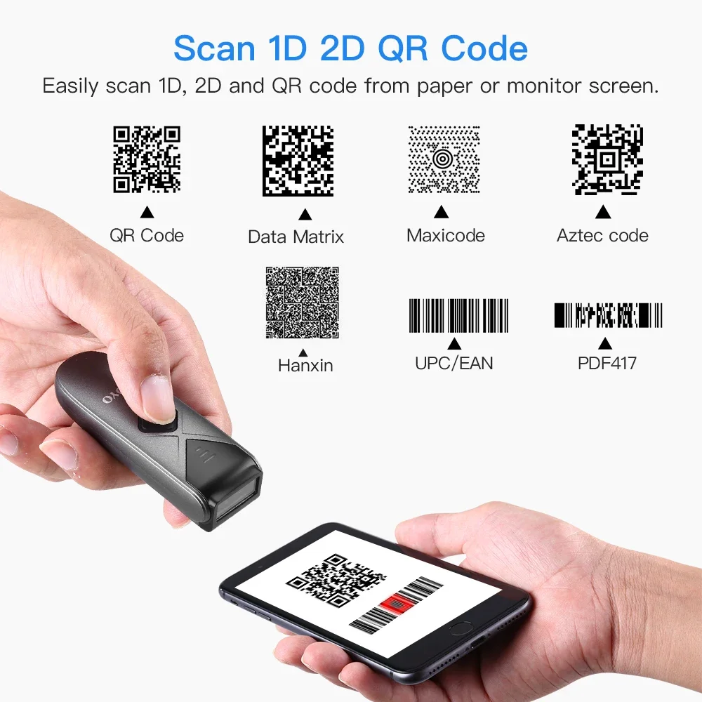 Eyoyo 미니 휴대용 바코드 스캐너: 블루투스, USB 유선, 2.4G 무선, 1D, 2D, QR 및 PDF417 바코드와 호환